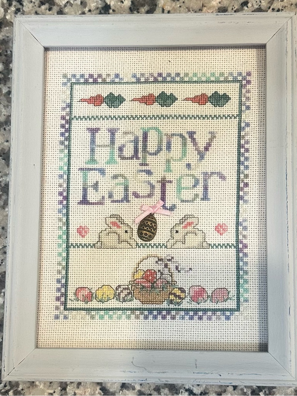 Framed “Happy Easter” cross-stitch